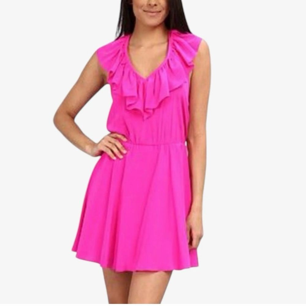 NWT A by Amanda Uprichard Halter Neck Ruffle Mini Dress in Bright Pink Size L